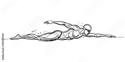 Continuous one line of a swimmer in motion, representing movement, fluidity, and energy, drawn illustration.