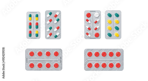 Colorful assortment of pills in blister packs flat vector illustration