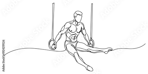 Continuous one line of a gymnast on rings, representing strength, agility, and discipline, drawn illustration.