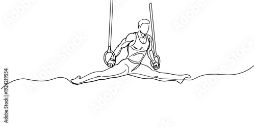 Continuous one line of a gymnast on rings, representing strength, agility, and discipline, drawn illustration.