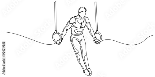 Continuous one line of a gymnast on rings, representing strength, agility, and discipline, drawn illustration.