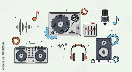 Creative Music Production Elements with Turntable and Headphones Illustration in a Bright Studio Background