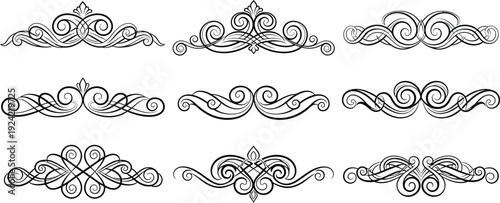 Collection of nine black ornamental scrollwork flourishes and dividers decorative