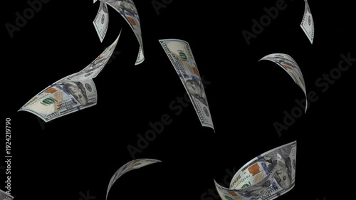 Dollar banknotes falling on transparent background. Rain with One hundred USD bills. Concept of finance, making money business, economy, investment