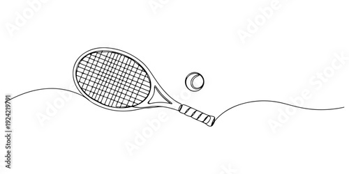 Continuous one line of a tennis racket with ball, symbolizing competition, activity, and skill, drawn illustration.