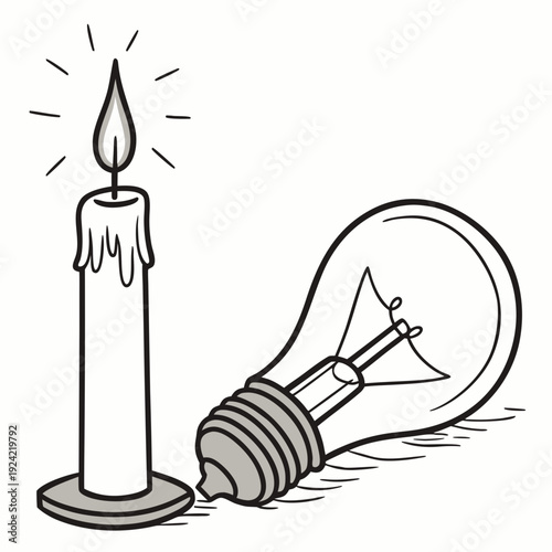 Lit candle and fallen lightbulb black and white