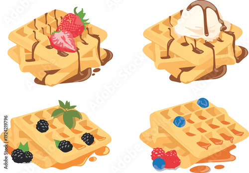 Delicious waffle servings with assorted toppings including strawberries, blueberries, raspberries, blackberries, ice cream, chocolate syrup, and mint leaves, perfect breakfast or dessert food 
