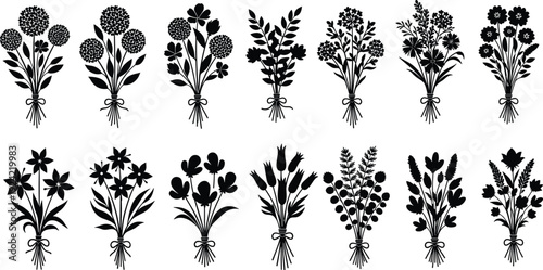 Floral bouquet silhouette collection with spring blossoms garden flowers and leaves for wedding invitations romantic greeting cards and botanical patterns, cad drawing flat vector illustration