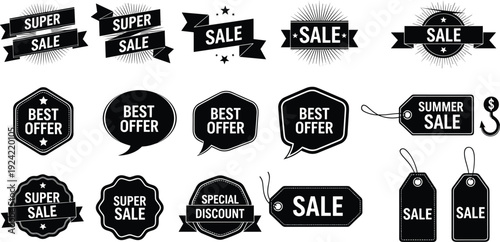 Black and white sale labels and badges collection with vintage ribbons, price tags and offer icons, flat vector illustration set