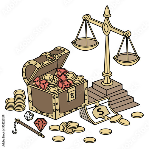 Treasure chest filled with gold coins and jewels next to scale