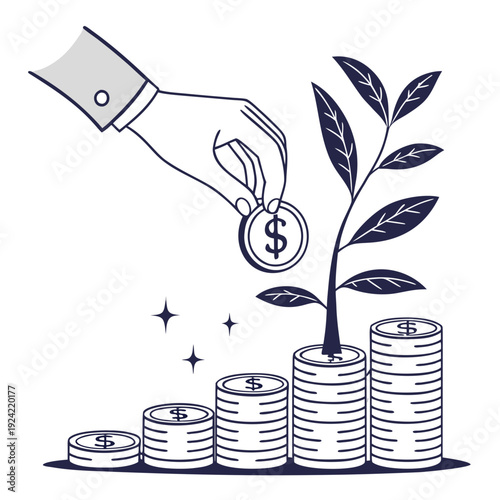 Hand placing dollar coin near plant growing from stacked coins