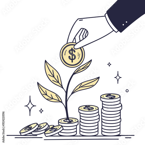 Hand placing dollar coin on growing plant with stacked coins