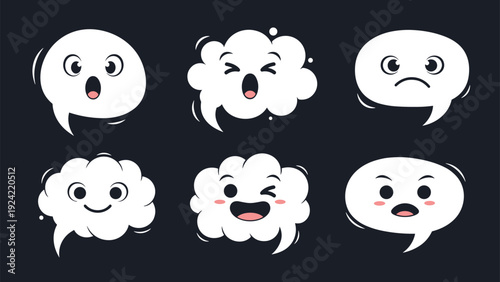 Set of six characterful speech bubbles with expressive faces showing emotions like surprise, happiness, sadness, and playfulness.