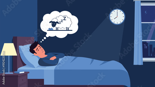 Man sleeping soundly in his bedroom at night while dreaming of counting sheep with a moon and clock showing bedtime in the background.