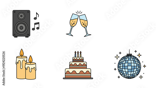 Collection of celebration icons featuring a speaker with music, champagne glasses, candles, a layered cake, and a disco ball.
