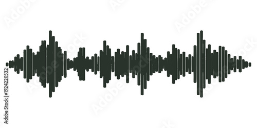 An abstract vector illustration of a green 3D audio equalizer rising like a glowing neon skyscraper silhouette against a modern urban business city skyline