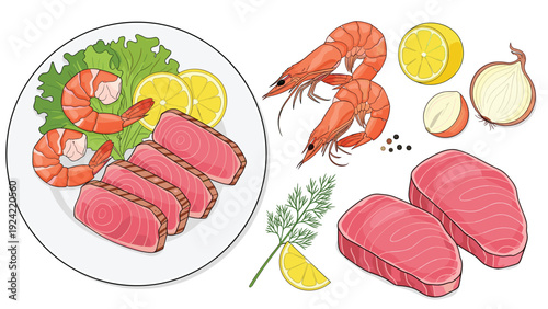 Gourmet plate of sliced tuna steaks and shrimp served with fresh lettuce and lemons accompanied by raw ingredients like onions and herbs.
