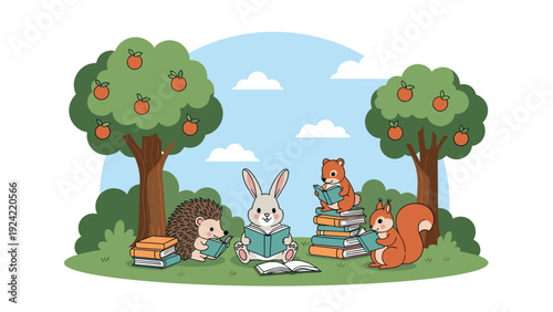 Adorable forest animals including a rabbit, hedgehog, and squirrels reading books together in an apple orchard on a sunny day.