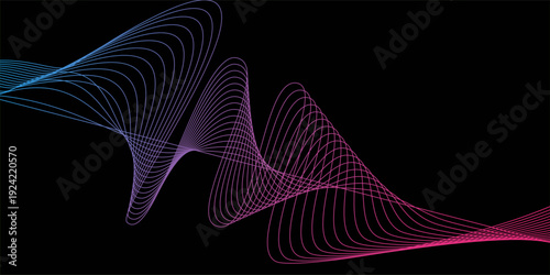 Modern multicolor wave of light is displayed on black background, Abstract wavy lines and neon glow on a black background, soundwave on a dark reflective surface.