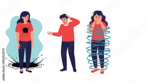 Conceptual illustration of three people experiencing different mental health struggles like depression, anxiety, and feeling trapped.