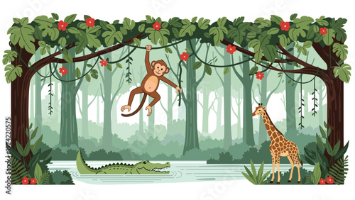Playful monkey swinging on a vine amidst a diverse jungle landscape featuring a tall giraffe and a crocodile swimming in a calm river.