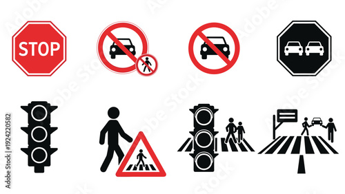 Collection of traffic and road safety signs including stop sign, no entry for vehicles, and pedestrian crossing symbols.
