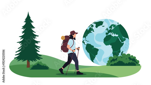 Active female hiker with a backpack and trekking poles walking across a green field with a large globe and pine trees in the background.