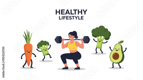 Fit woman doing squats with a barbell surrounded by happy animated vegetables like broccoli, carrot, and avocado.