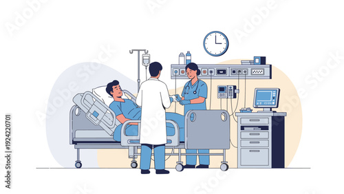 Medical team consisting of a doctor and a nurse attending to a patient resting in a modern hospital bed.