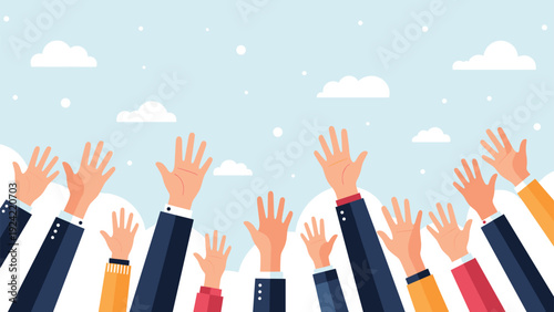 Diverse group of people raising their hands towards a sky with clouds representing teamwork, unity, or participation.