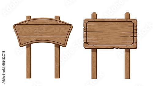 Two different styles of blank wooden signs with posts perfect for text or informational messages on white.