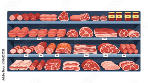 Supermarket refrigerator shelves stocked with a wide variety of fresh meat products including steaks, sausages, and ham.