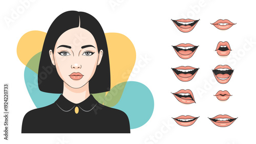 Beautiful woman with dark hair shown next to a series of lips depicting various facial expressions and moods.