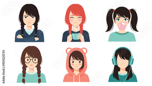 Set of portraits featuring six different girls with various hairstyles, outfits, and emotional expressions.