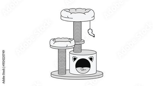 Multi-level cat tree with scratching posts, soft beds, and a cozy hiding spot for pets on a white background.