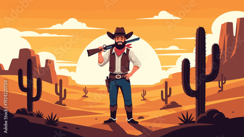 Rugged cowboy standing in a desert landscape with cacti and a sunset holding a rifle on his shoulder.