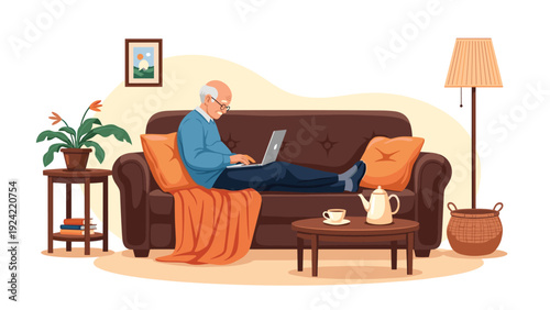 Retired senior man relaxing on a comfortable brown sofa while using a laptop in a cozy home setting.