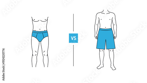 Comparison illustration showing the difference between male briefs and board shorts worn on human figures side by side.