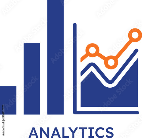 Professional business analytics icon featuring blue bar charts and orange line graphs for financial data visualization market research performance tracking statistics reporting and corporate growth st