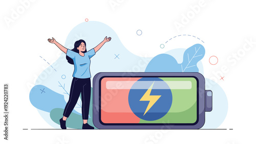Happy young woman celebrates full energy standing next to a giant battery charging symbol on a colorful abstract background.