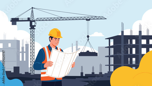 Male construction engineer in a yellow hard hat and safety vest studies architectural blueprints at a busy building site.