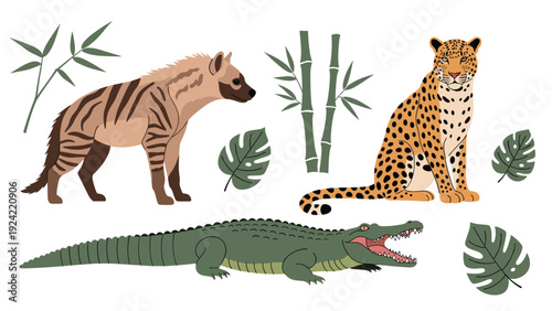 Wildlife set featuring a striped hyena, spotted leopard, and long crocodile accompanied by bamboo and jungle palm leaves.