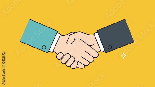 Handshake between two business people wearing suits symbolizes a successful deal or partnership on a bright yellow background.