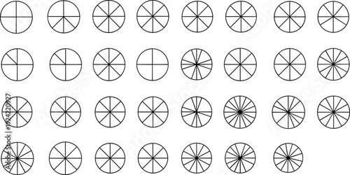 Geometric Circular Segment and Radial Division Icon Set with Pie Chart Style Line Symbols for Data Visualization and Interface Design