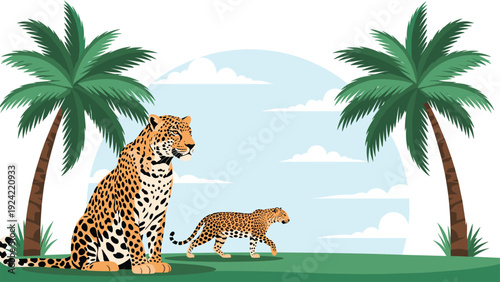 Two majestic leopards inhabit a serene savanna landscape with tall palm trees under a soft blue sky with light clouds.
