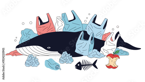 Powerful illustration of a whale trapped among plastic bags and ocean waste highlights the critical issue of marine pollution.