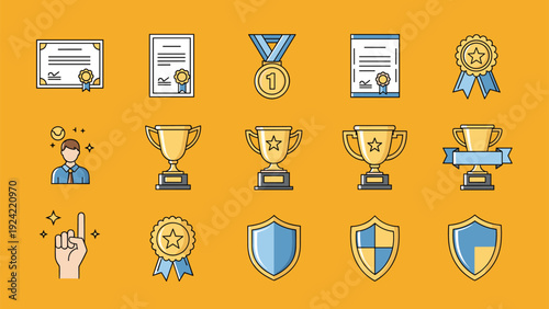 Collection of award and recognition icons includes trophies, medals, certificates, and shields on a warm orange background.