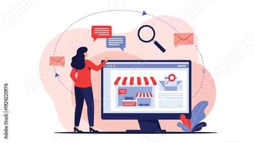 Woman manages online retail store interface with customer support and search icons symbolizing digital business.