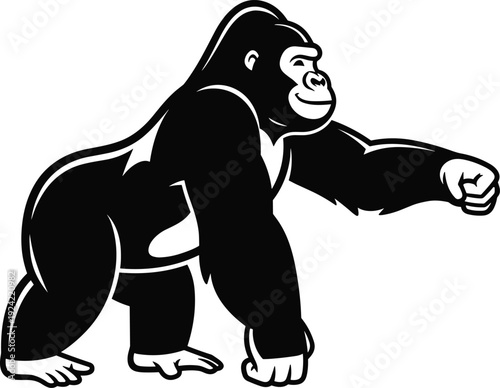 Gorilla silhouette vector mascot logo of a strong silverback ape in a standing pose for wildlife conservation or sports branding, cad drawing flat vector illustration