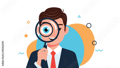 Businessman looking through a large magnifying glass which enlarges his eye to represent searching or analysis.